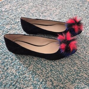 Franco Sarto Sukie Black Suede Flats Pom Pom Accent Pointed Toe Womens Sz 5.5 M